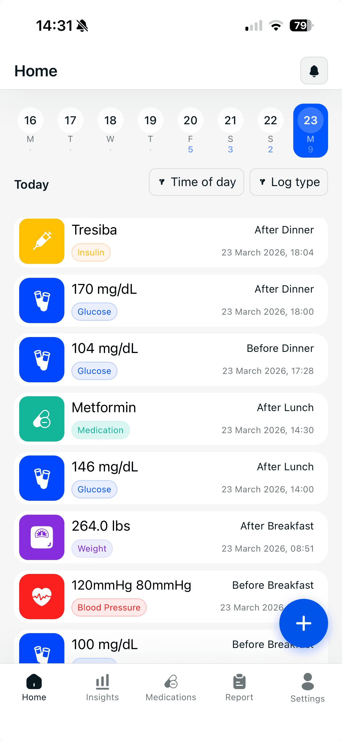 Glucoly daily log showing color-coded glucose, insulin, medication and weight entries