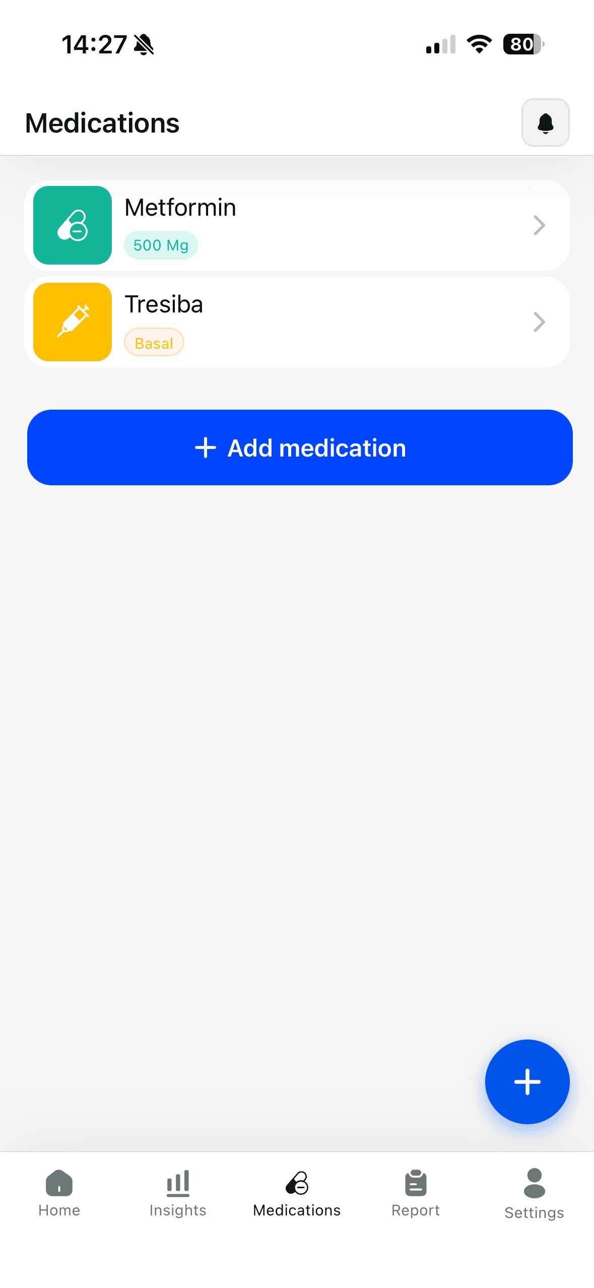 Glucoly medications screen listing Metformin and Tresiba